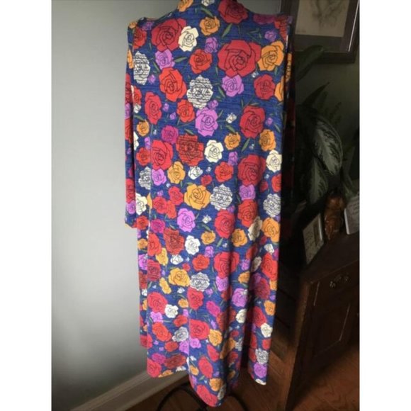NWOT Women’s LG LuLaRoe Simple Comfort Cardigan Duster Blue Red/Org/Purp. Roses - Picture 3 of 4